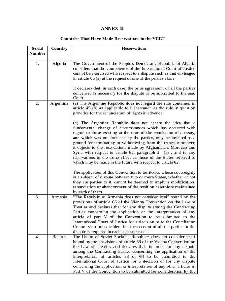 VCLT Reservations by Countries | PDF | Treaty | Ratification