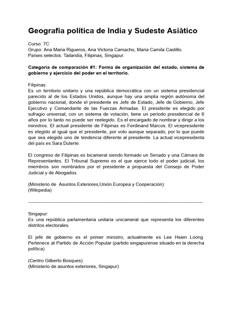 Gobierno Sudeste Asiático 7C | PDF | Tailandia | Singapur