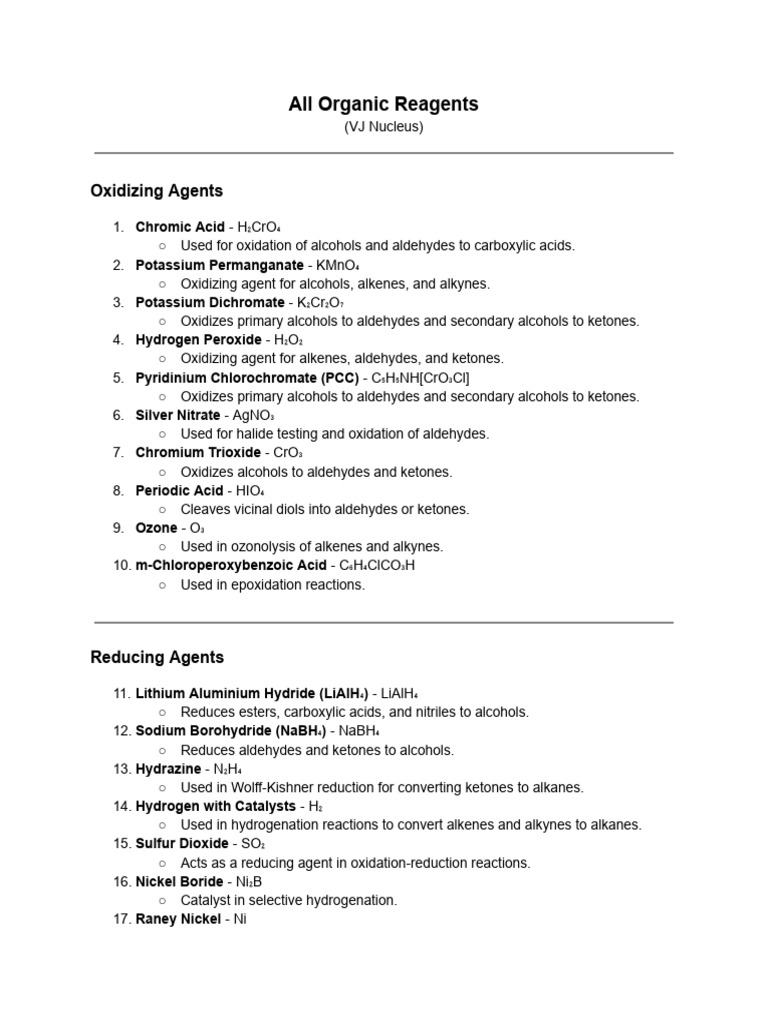 Essential Organic Reagents Overview | PDF | Aldehyde | Ester