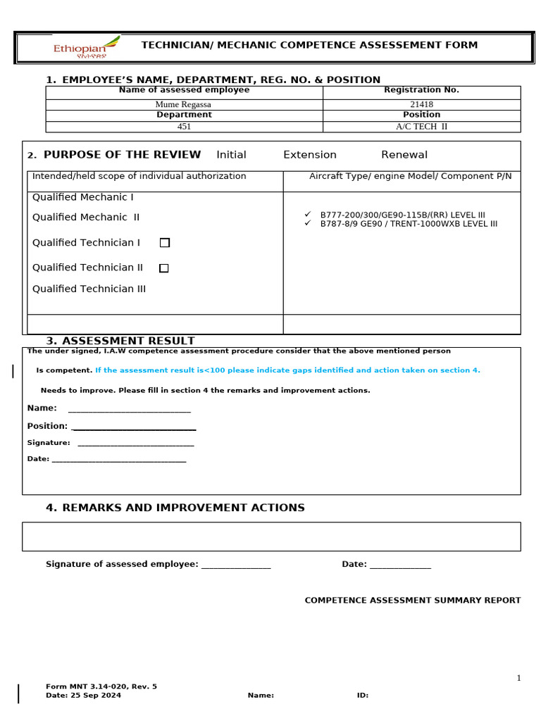 Technician Competence Assessment Form | PDF