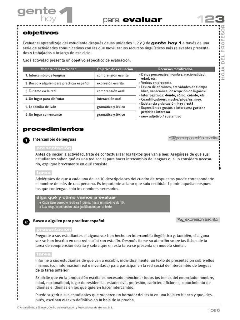 Evaluación de Aprendizaje en Español A1 | PDF | Gramática | Léxico