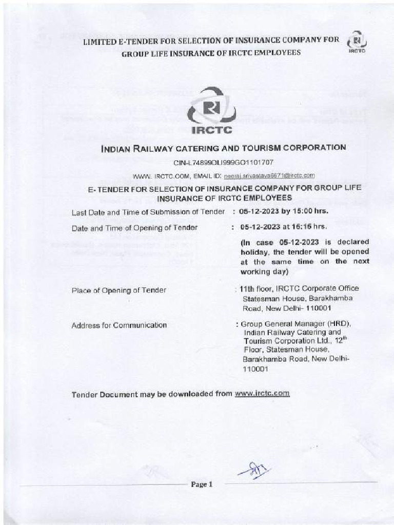IRCTC Group Life Insurance Tender | PDF | Insurance | Arbitration
