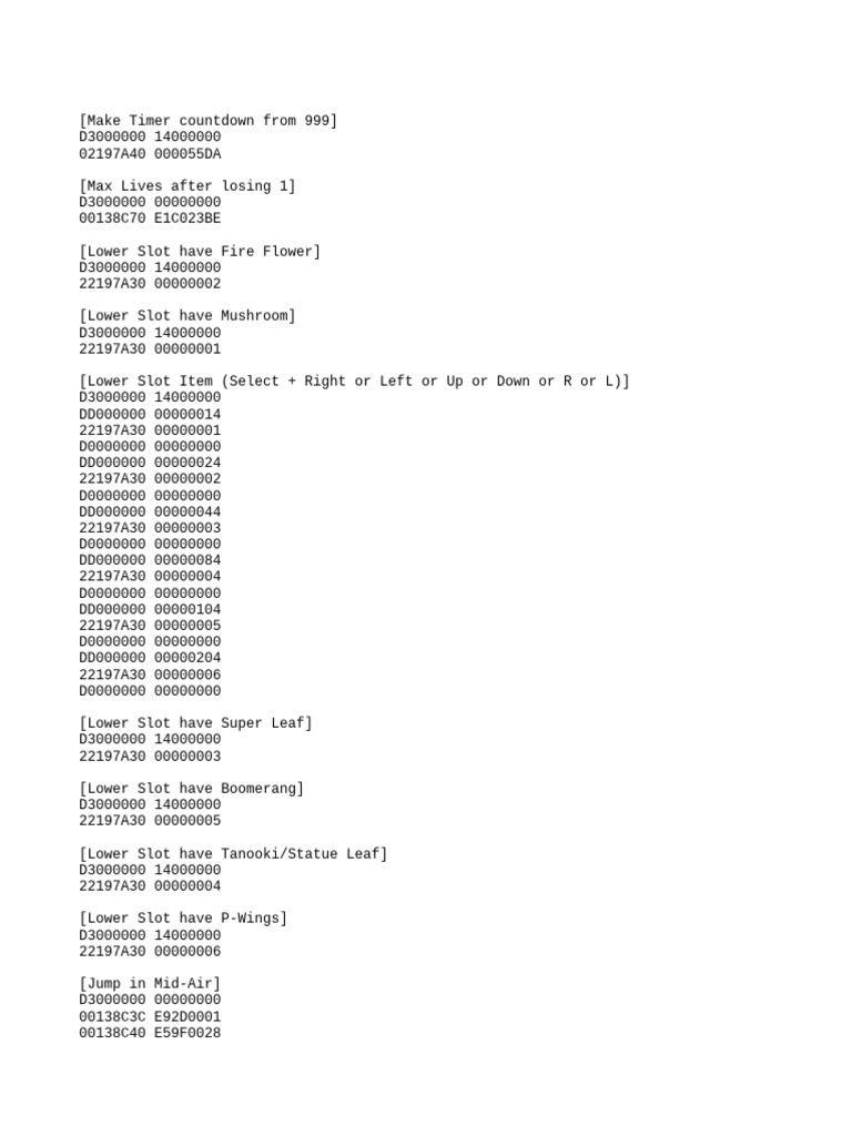 Game Cheat Codes for Item Slots | PDF