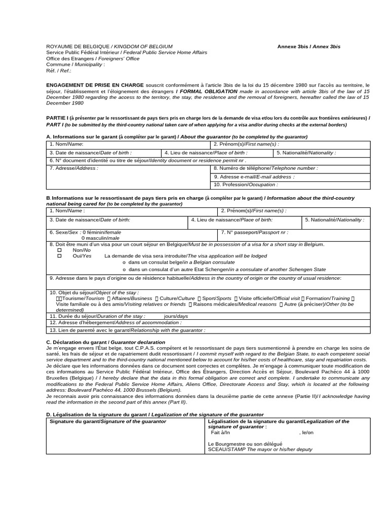 Engagement de Prise en Charge 3bis Belgique | PDF | Visa (Document ...