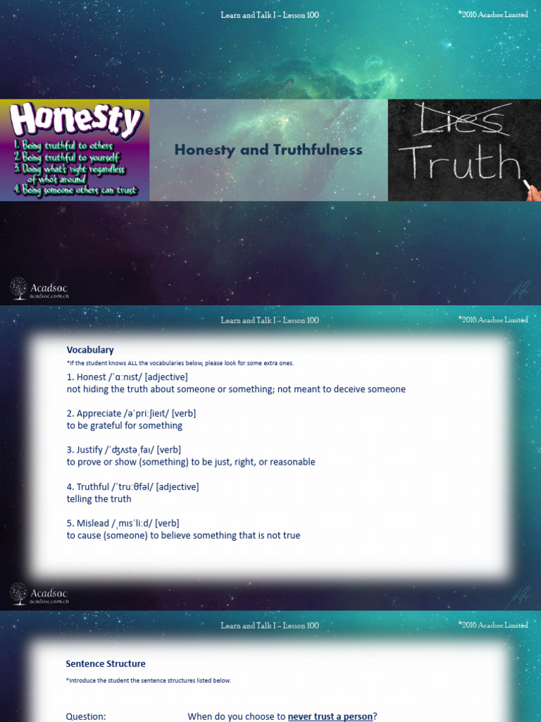 Honesty and Truthfulness Lesson 100 | PDF | Truth | Dishonesty