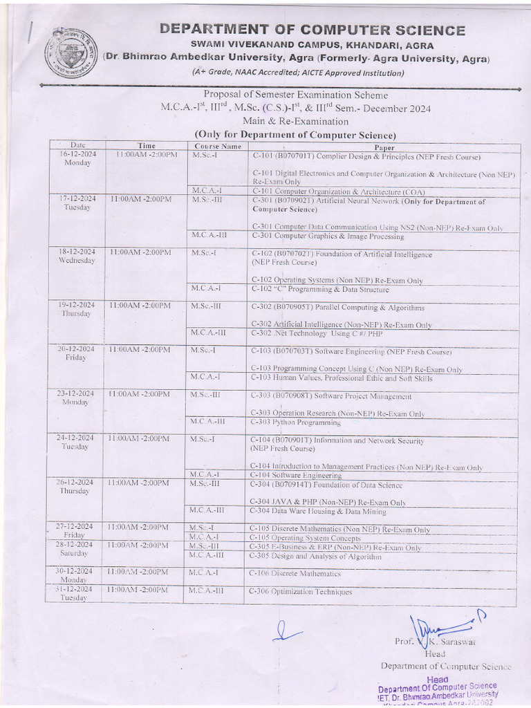 Semester Exam Schedule For M C A M Sc Pdf