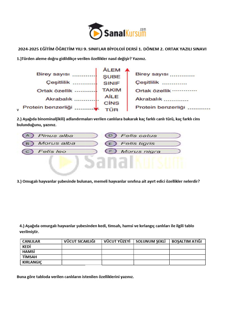 9.sinif Biyoloji 1. Donem 2. Yazili Ornek Sorulari | PDF
