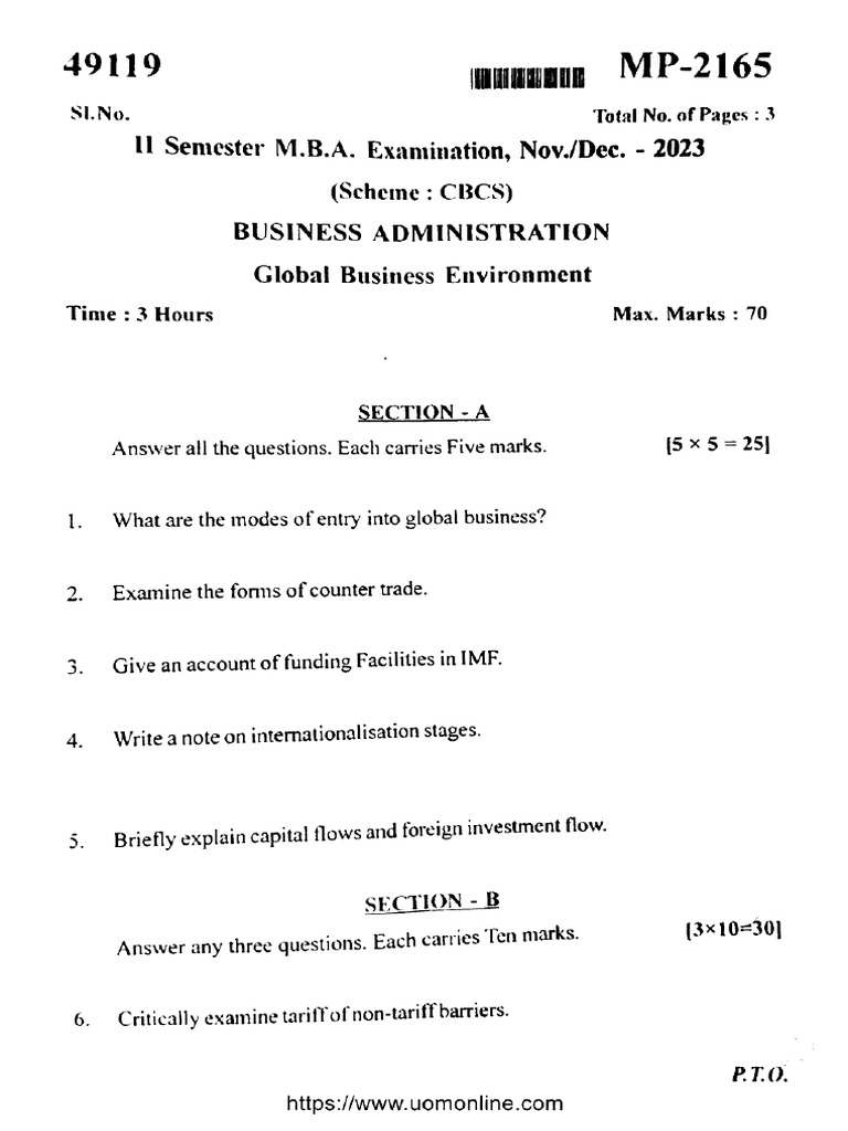 Mba 2 Sem Business Administration Global Business Environment MP 2165 ...