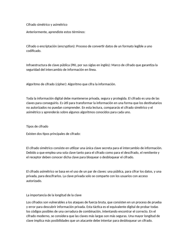 Cifrado simétrico y asimétrico | PDF | Cifrado | Clave (criptografía)