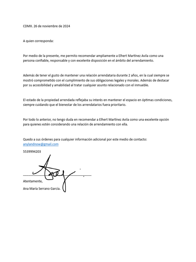 Recomendación de Arrendamiento: Elhert Martínez | PDF