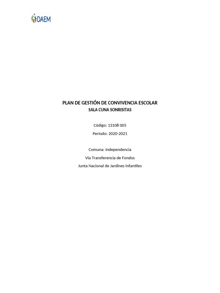 Plan de Gestión de Convivencia Escolar | PDF | Educación de la primera ...