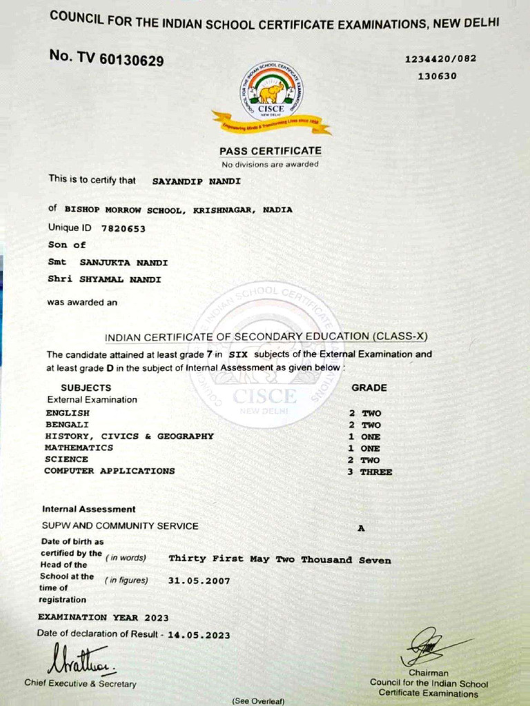 ICSE Class X Pass Certificate 2023 | PDF