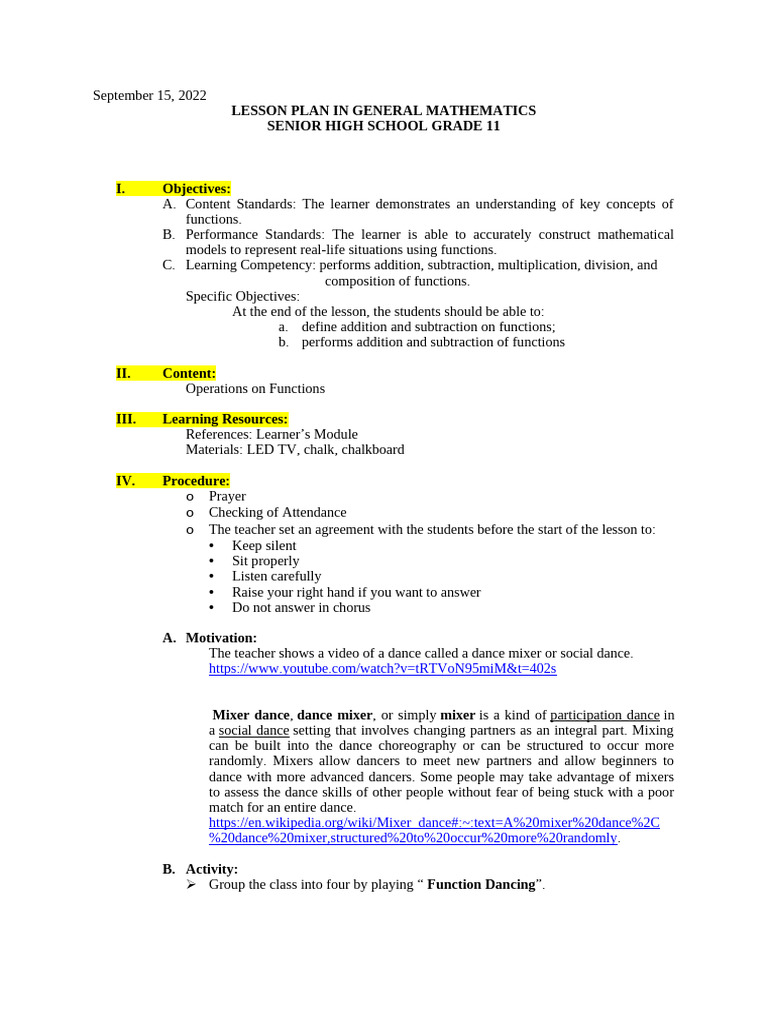 Functions Lesson Plan for Grade 11 | PDF | Learning | Function ...