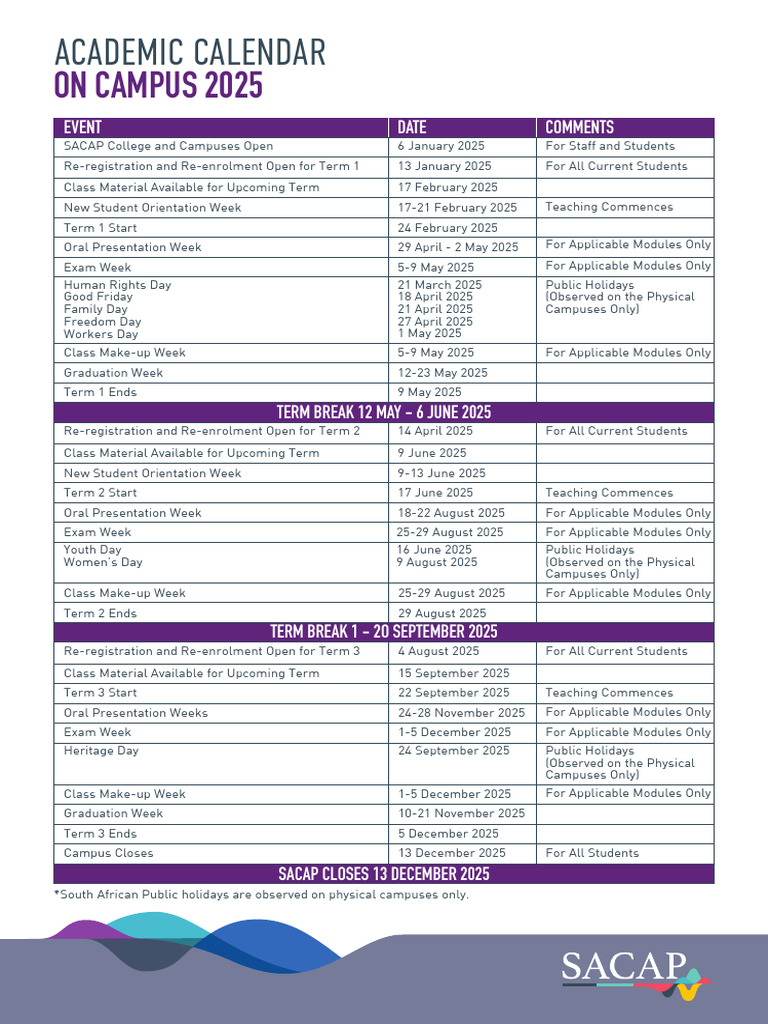 Academic Calendar 2025 on Campus PDF Academic Term Observances