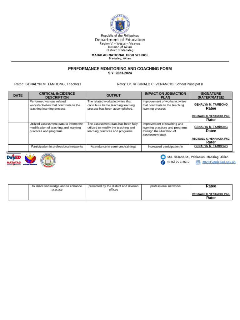 PERFORMANCE-MONITORING-AND-COACHING-FORM_TAMBONG, GENALYN M. | PDF ...