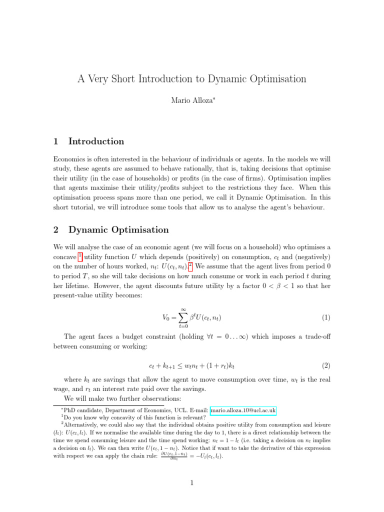 A Very Short Introduction To Dynamic Optimisation | PDF | Utility ...