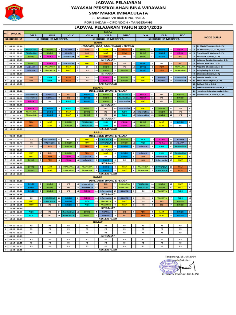 Jadwal Pelajaran Roster 2024-2025 | PDF