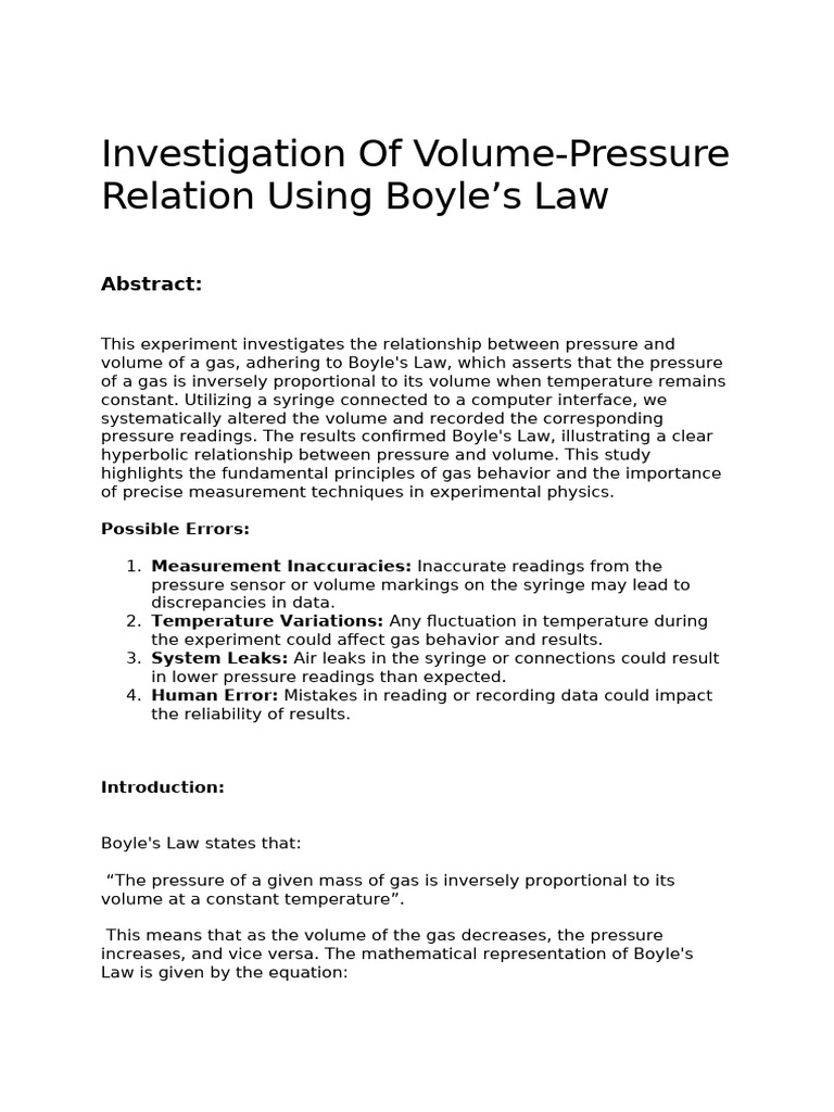 Boyle's Law: Pressure-Volume Experiment | PDF | Gases | Pressure