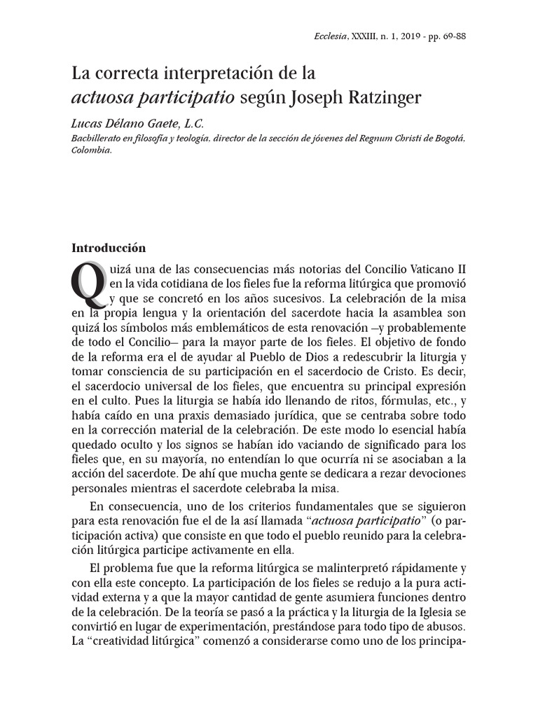 Actuosa Participatio en Ratzinger | PDF | Liturgia Catolica | Papa ...