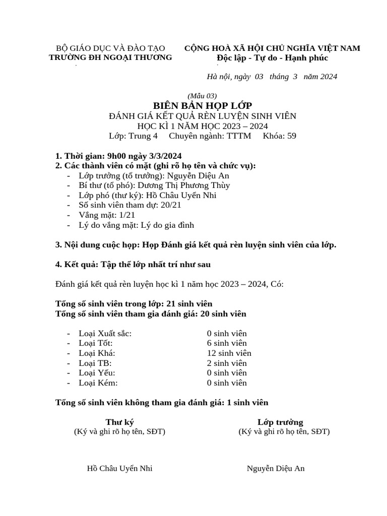 (Mẫu 03) - BIÊN BẢN HỌP LỚP | PDF