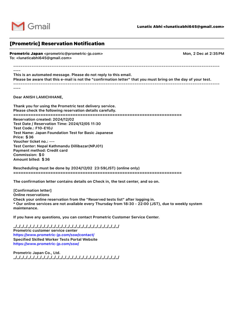 Prometric Japan Reservation Details | PDF