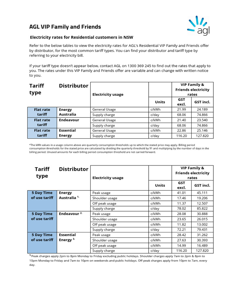 AGL VIP Family & Friends Rates NSW | PDF | Value Added Tax | Physical ...
