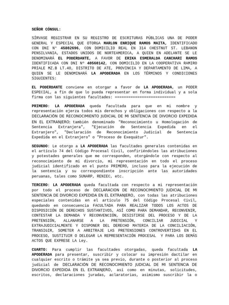 Poder Notarial para Reconocimiento de Divorcio | PDF | Sentencia (ley ...