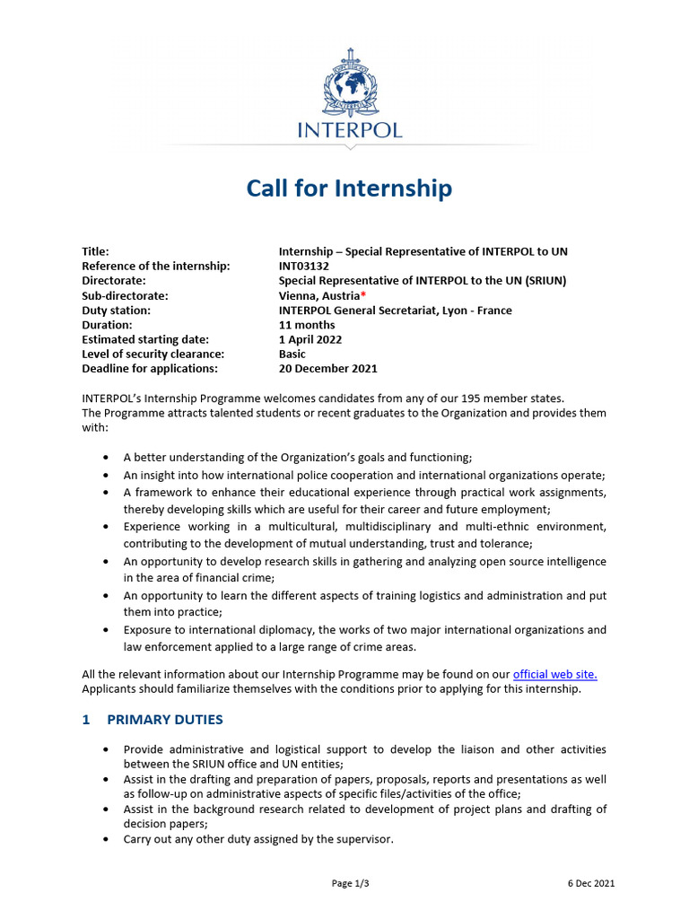 INTERPOL Internship Call for Applications | PDF | Internship | Job Hunting