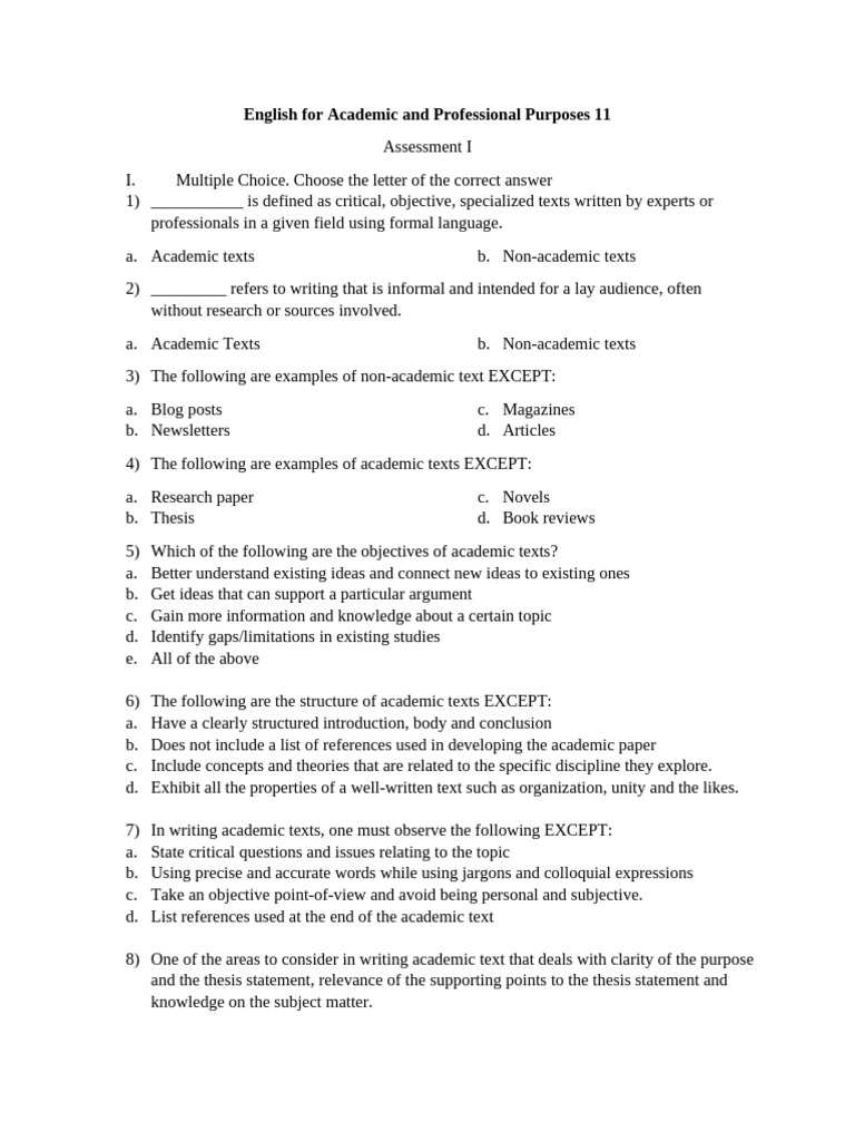 English For Academic and Professional Purposes 11 ASsessement II | PDF ...
