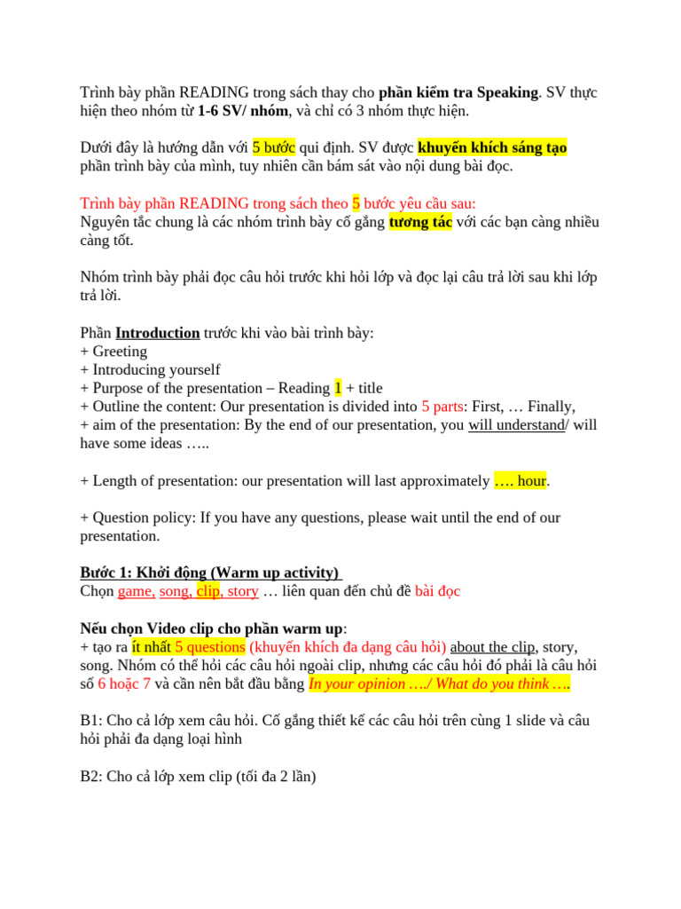 1. Huong Dan Trinh Bay Bai Reading COB1 | PDF