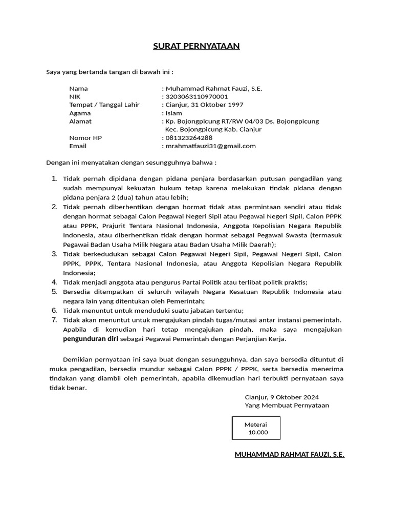 (Draft) Surat Pernyataan PPPK 2024 | PDF