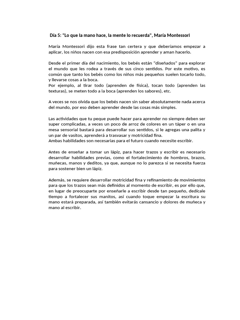 Lo Que La Mano Hace, La Mente Lo Recuerda María Montessori | PDF