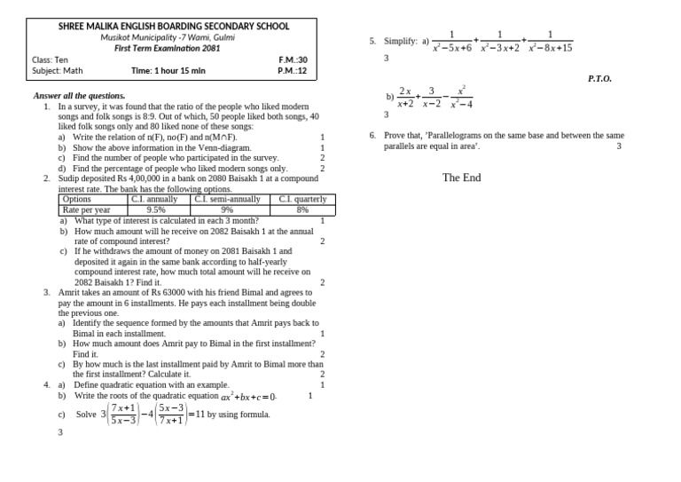 Class 10 Math First Term | PDF | Compound Interest | Interest