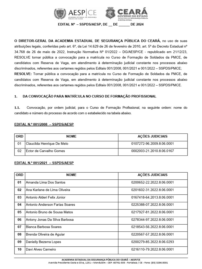 Convocação para Matrícula na AESP/CE | PDF