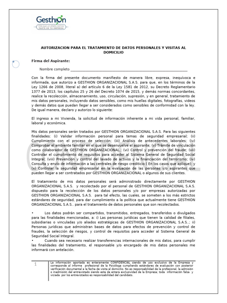 Gesthion - Formato de Autorizacion Tratamiento de Datos | PDF | La ...