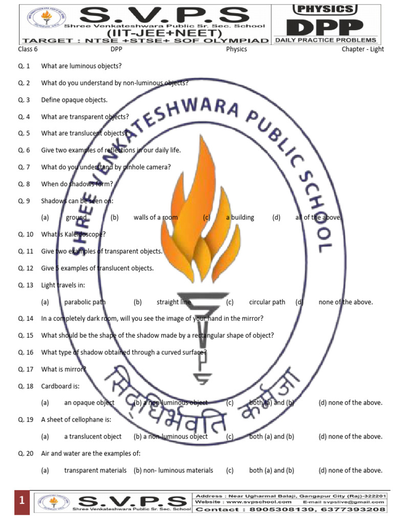 Class 6 Light Chapter Notes Pdf