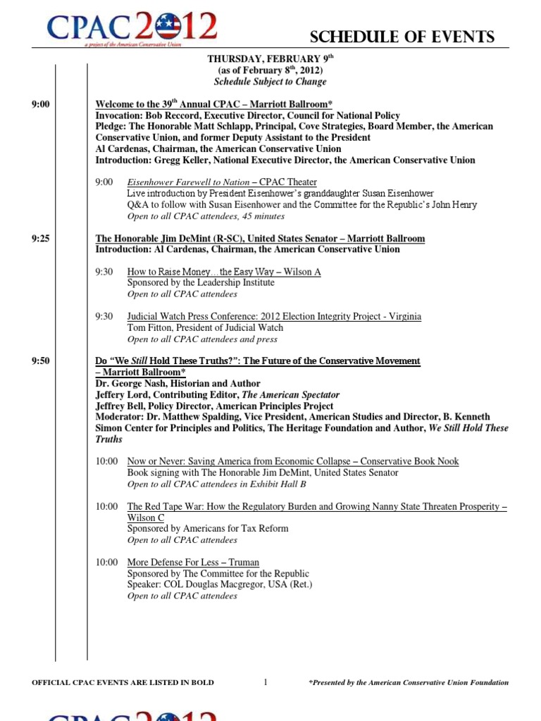 CPAC Schedule of Events PDF Conservatism In The United States