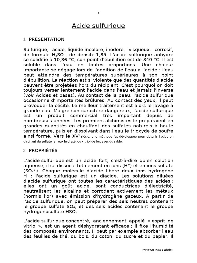 Propriétés et synthèse de l'acide sulfurique | PDF | Acide sulfurique ...