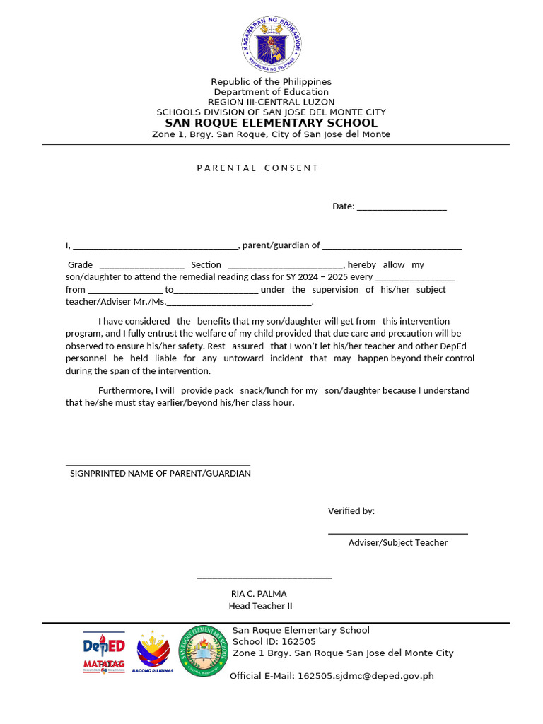 Parent Consent For Reading S.Y 2024 2025 | PDF