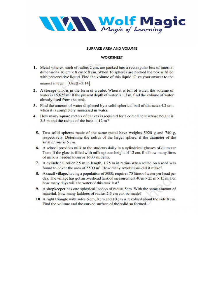 Surface Area & Volume - Worksheet | PDF