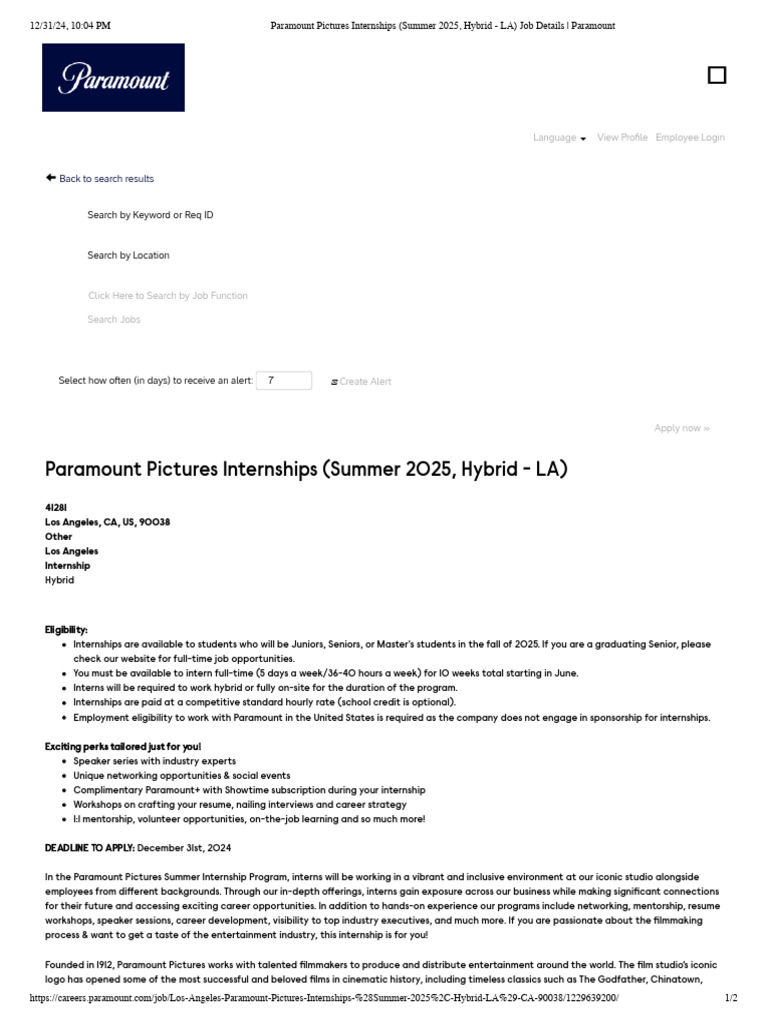 Paramount Pictures Summer 2025 Internships PDF Paramount Pictures
