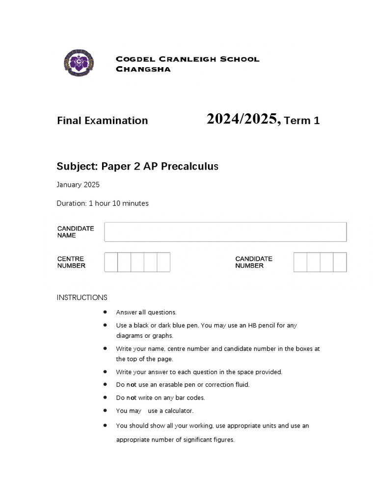 AP Precalculus Exam January 2025 | PDF