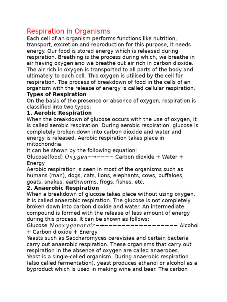 Respiration in Organisms. NOTES | PDF | Breathing | Cellular Respiration