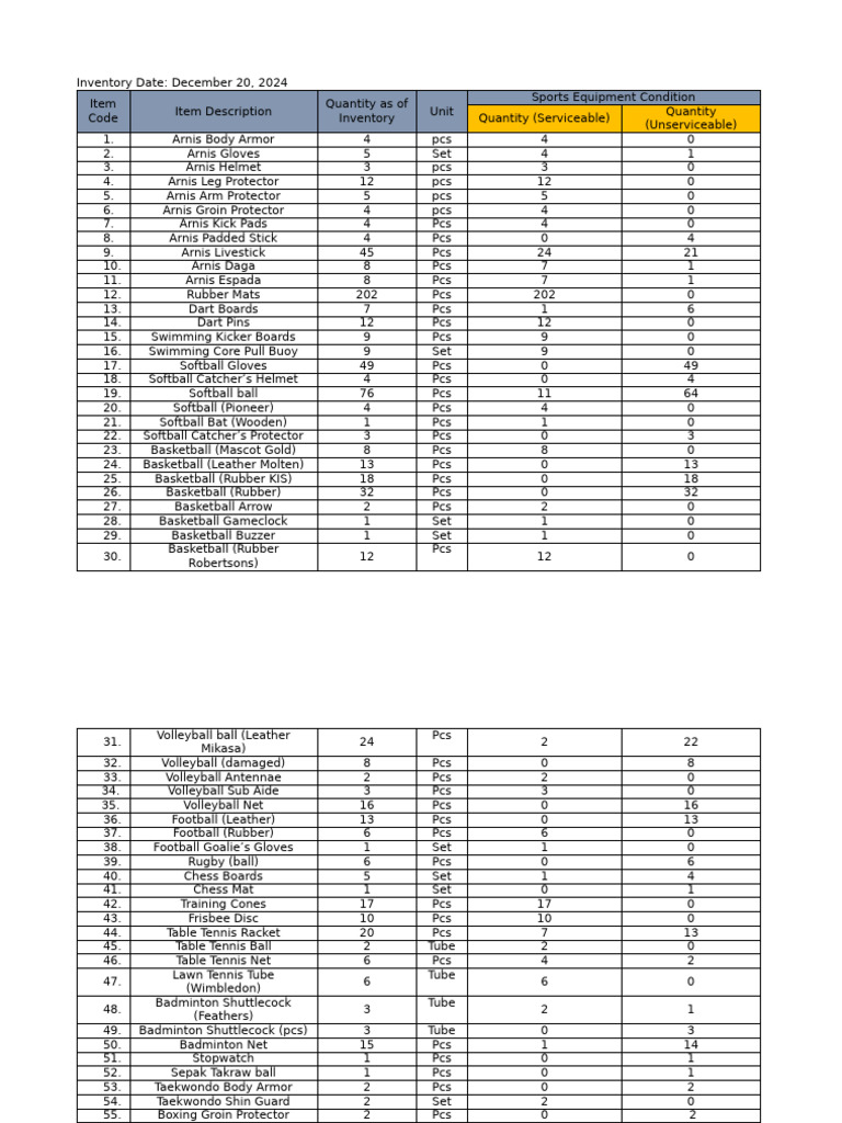 Sports Equipment Inventory | PDF | Softball | Sports Equipment