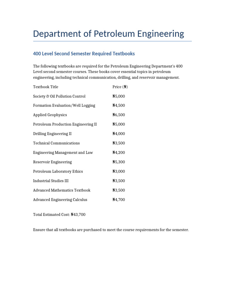 Required Textbooks for Petroleum Engineering 400 Level | PDF