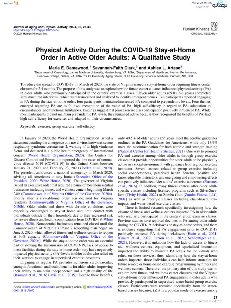 Physical Activity During The COVID-19 Stay-at-Home Order in Active ...