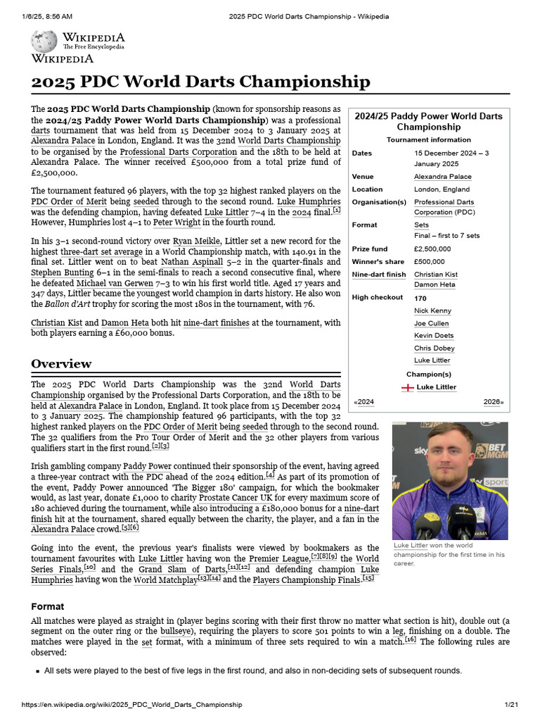 2025 PDC World Darts Championship Wikipedia PDF Indoor Sports