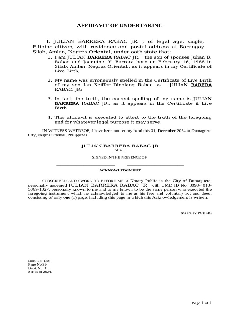 Curated visual reference: Fresh Look at Affidavit Iof Undertaking To Correct Spelling Of Namr