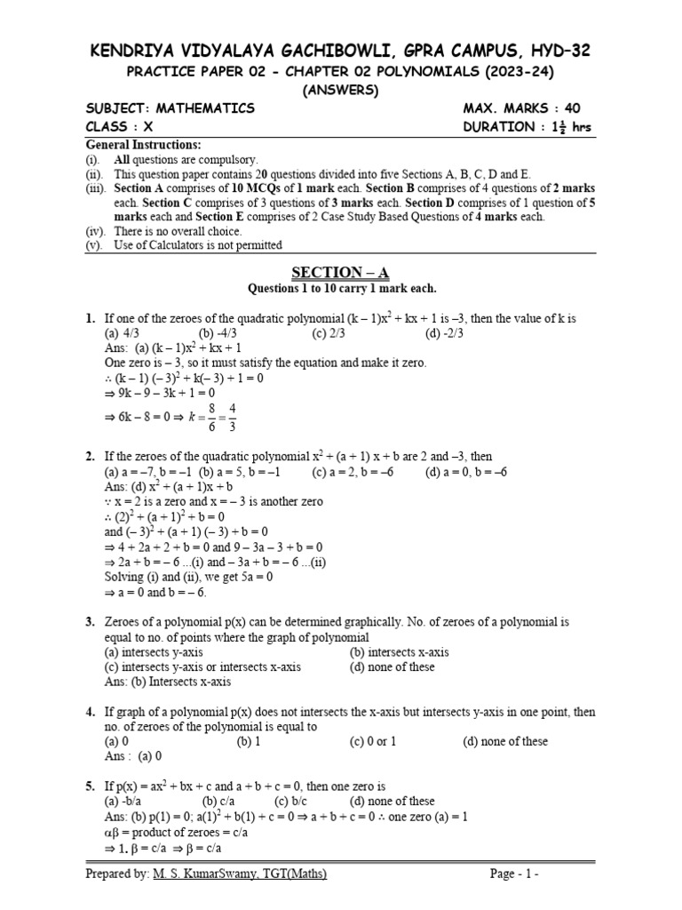 Class 10 Polynomials Practice Paper | PDF | Quadratic Equation | Zero ...