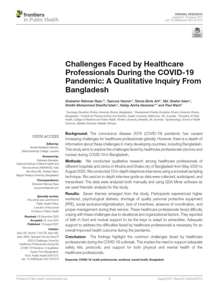 Challenges Faced by Healthcare Professionals Durin | PDF | Health ...